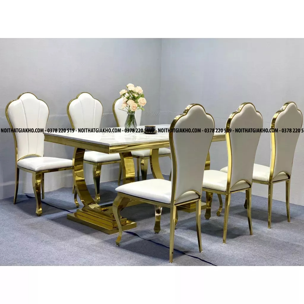 Bàn ăn mặt đá cẩm thạch nhân tạo chân Double Q mạ vàng - Bàn ăn chân inox mạ vàng - Bàn ăn tân cổ điển
