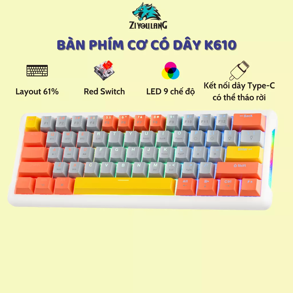 Bàn phím cơ có dây ATAS K610 Layout 61% - Red swtich - LED Rainbow 9 chế độ - Có Hotswap