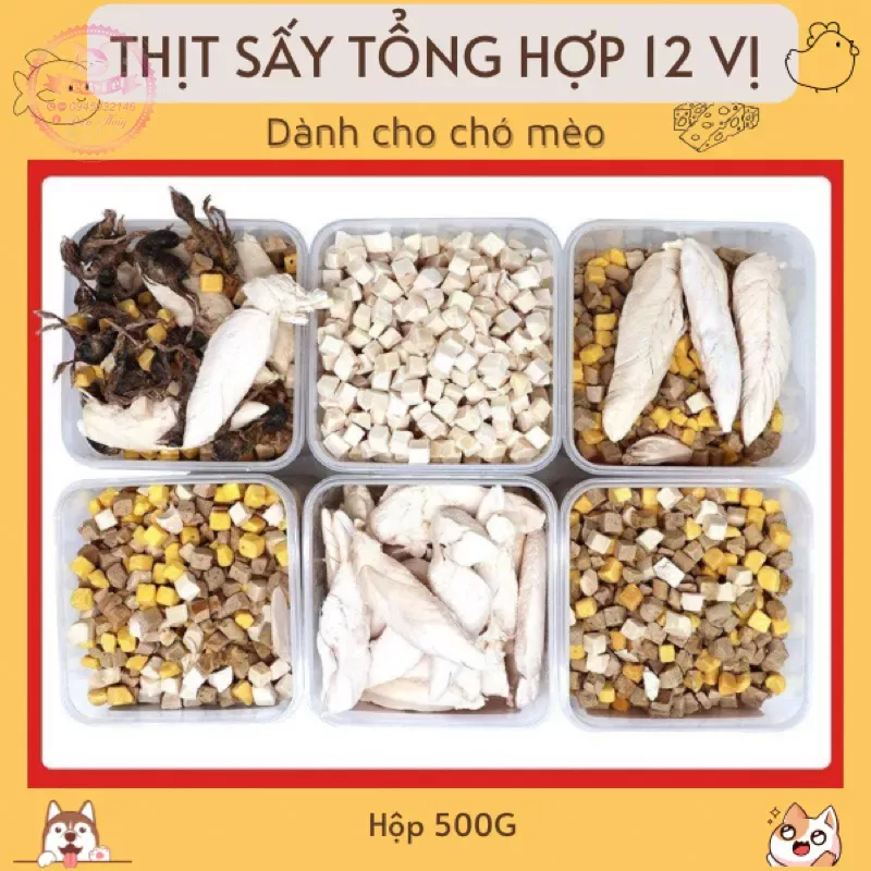 Thịt Sấy Tổng Hợp 12 Hương Vị Dành Cho Chó Mèo - Hộp 500G