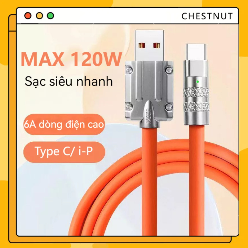 【COD】Dây Cáp Sạc Nhanh 6A Bằng Hợp Kim Kẽm Và Silicon Cho ip / type c-CT