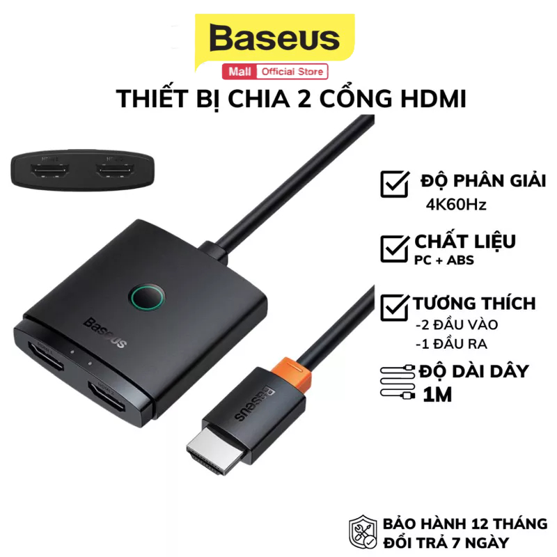 Đầu chuyển HDMI cáp đúc liền 1m chia cổng 2 chiều Baseus Airjoy 2 in 1 HDMI Switch 4K@60Hz tương thích rộng