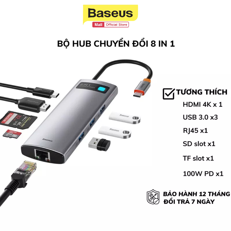 Bộ Hub chuyển Baseus Metal Gleam Series 8 in1 đa năng ( Type-C to HDMI/ USB3.0/ LAN / PD 100W /SD Card) cho Mac / Laptop