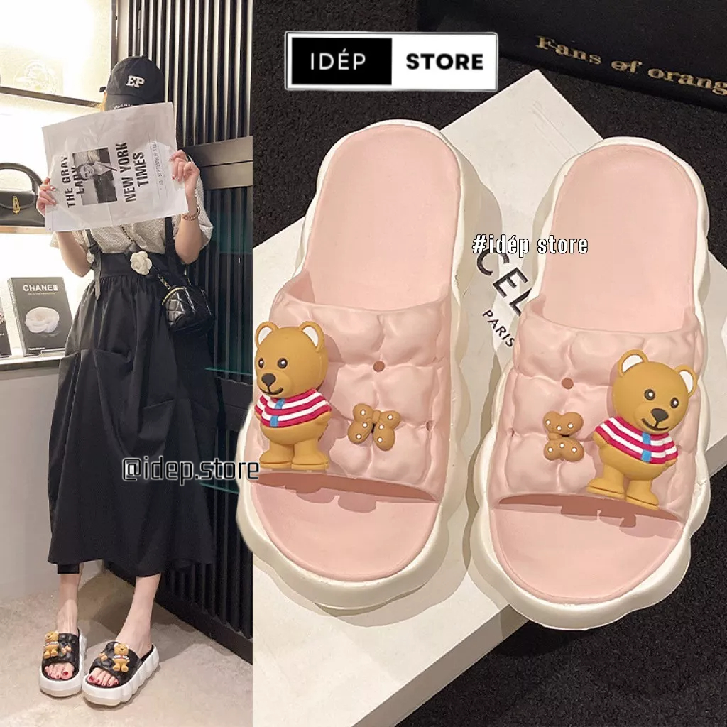 Dép nữ đế cao 4cm Gấu Nơ tăng chiều cao ❤iDép DL375❤ Dép bánh mì nữ quai ngang siêu nhẹ êm chân