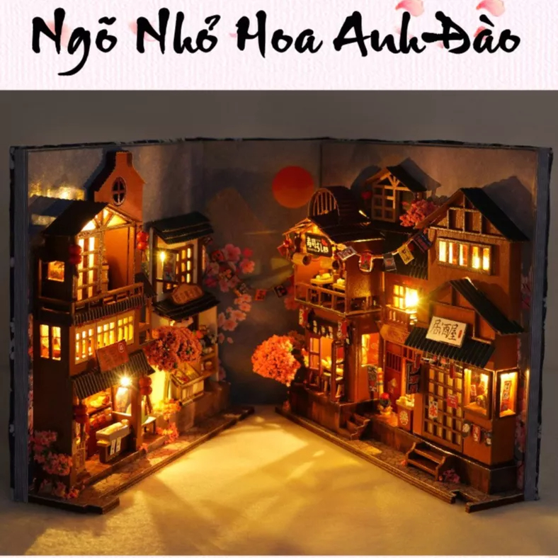 Quà tặng sinh nhật, mô hình đồ chơi DIY Nhà búp bê thủ công tự làm lấy bằng gỗ phong cách Nhật Bản Ngõ Nhỏ Hoa Anh Đào