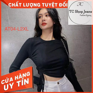 MS AT01 [Ảnh thật] Áo thun croptop bigsize đen tay dài dây rút tôn dáng