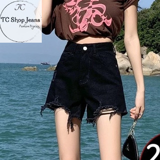  Quần Đùi Bò Jeans Nữ VNXK Đen Rách Cá Tính Lưng Cao Ống Rộng Ms 1051