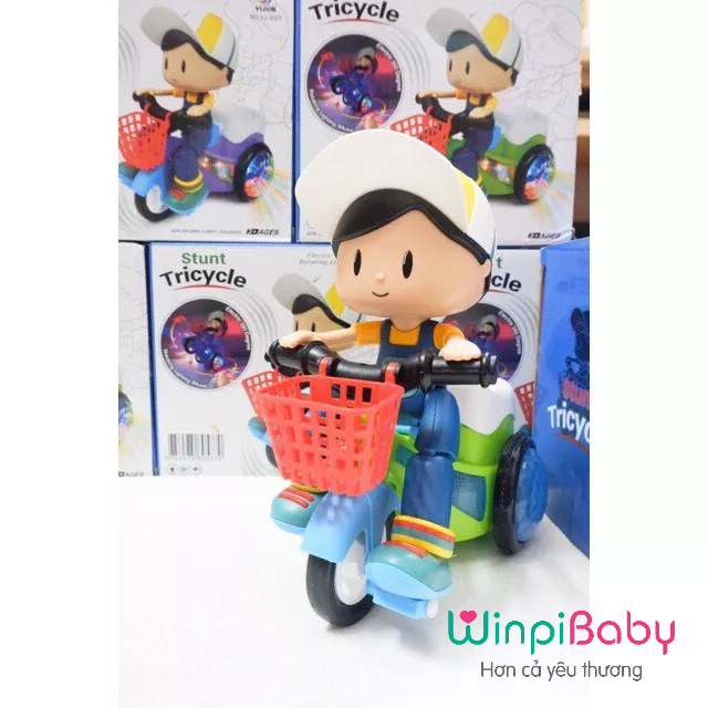 Đồ chơi cậu bé shipper em bé đạp xe xoay 360 độ chạy pin có đèn và phát nhạc sôi động