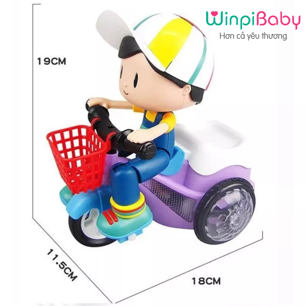 Đồ chơi cậu bé shipper em bé đạp xe xoay 360 độ chạy pin có đèn và phát nhạc sôi động