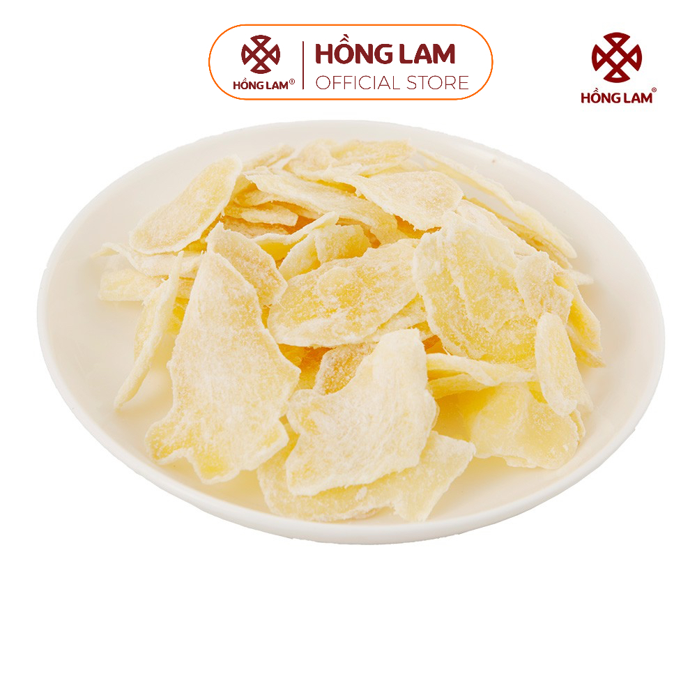 Mứt gừng Hồng Lam. Dạng túi (200gr, 500gr), hộp (200gr). Có vị ngọt, cay dịu của gừng