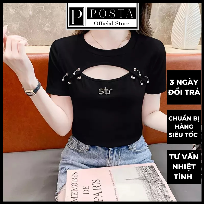 Áo Thun Croptop Nữ Freesize Cotton Sexy Khoét Ngực Phối Móc Cá Tính POSTA PA01 Áo Thun Nữ Ngắn Đi Chơi Đi Làm Cá Tính