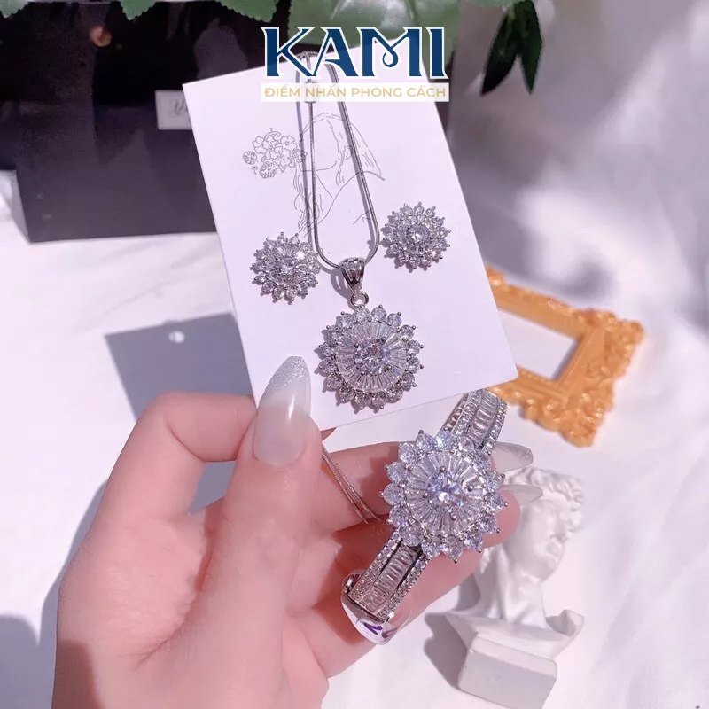 Set bộ trang sức hoa đá bagguet nhân tạo xi bạch kim siêu sáng đi chơi đi tiệc Kami