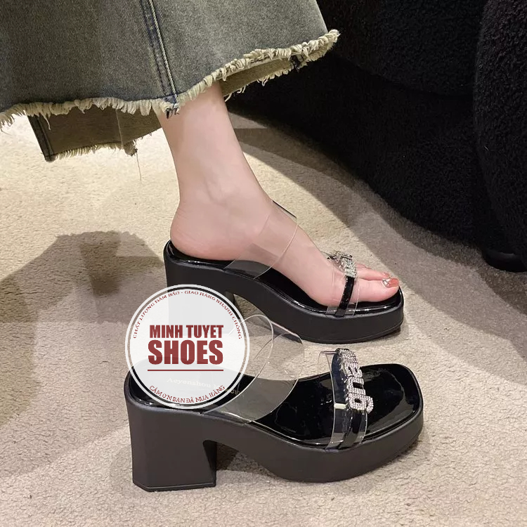 Dép sandal nữ minhtuyetshoes đế dày quai trong đính xoàn 7cm quai ngang  mẫu mới bền đẹp hè 2023