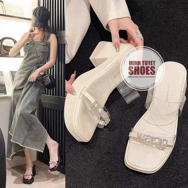 Dép sandal nữ minhtuyetshoes đế dày quai trong đính xoàn 7cm quai ngang  mẫu mới bền đẹp hè 2023
