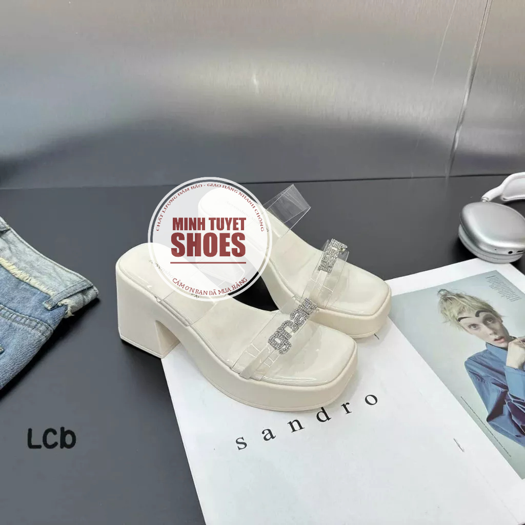 Dép sandal nữ minhtuyetshoes đế dày quai trong đính xoàn 7cm quai ngang  mẫu mới bền đẹp hè 2023