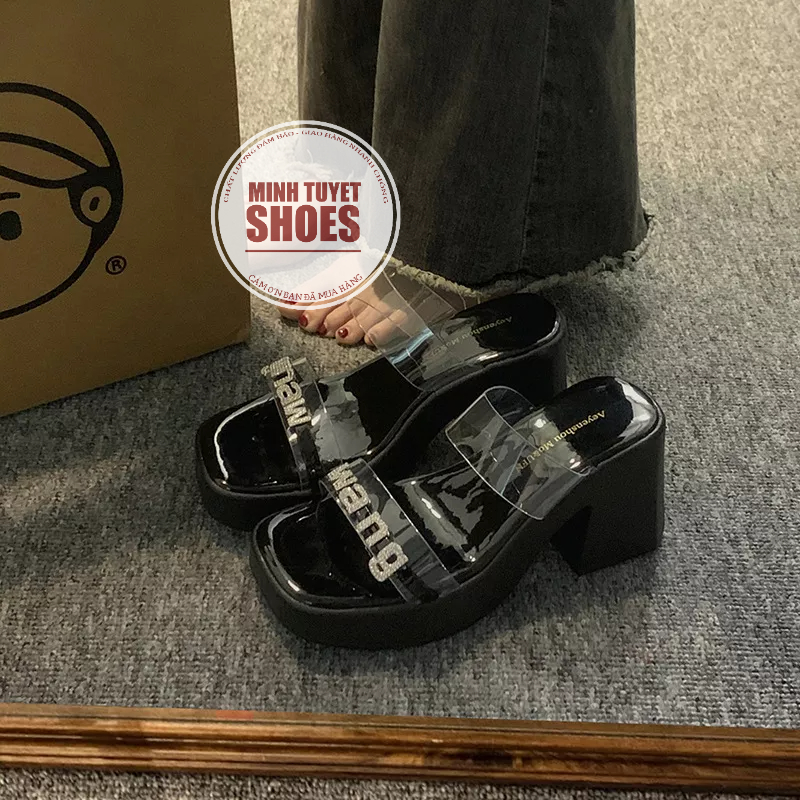 Dép sandal nữ minhtuyetshoes đế dày quai trong đính xoàn 7cm quai ngang  mẫu mới bền đẹp hè 2023