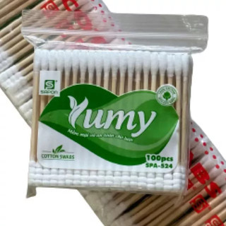 Tăm Bông ngoáy tai yumy thân gỗ trúc đầu to tròn xoắn giữ khoảng cách an toàn khi dùng túi 100 cây