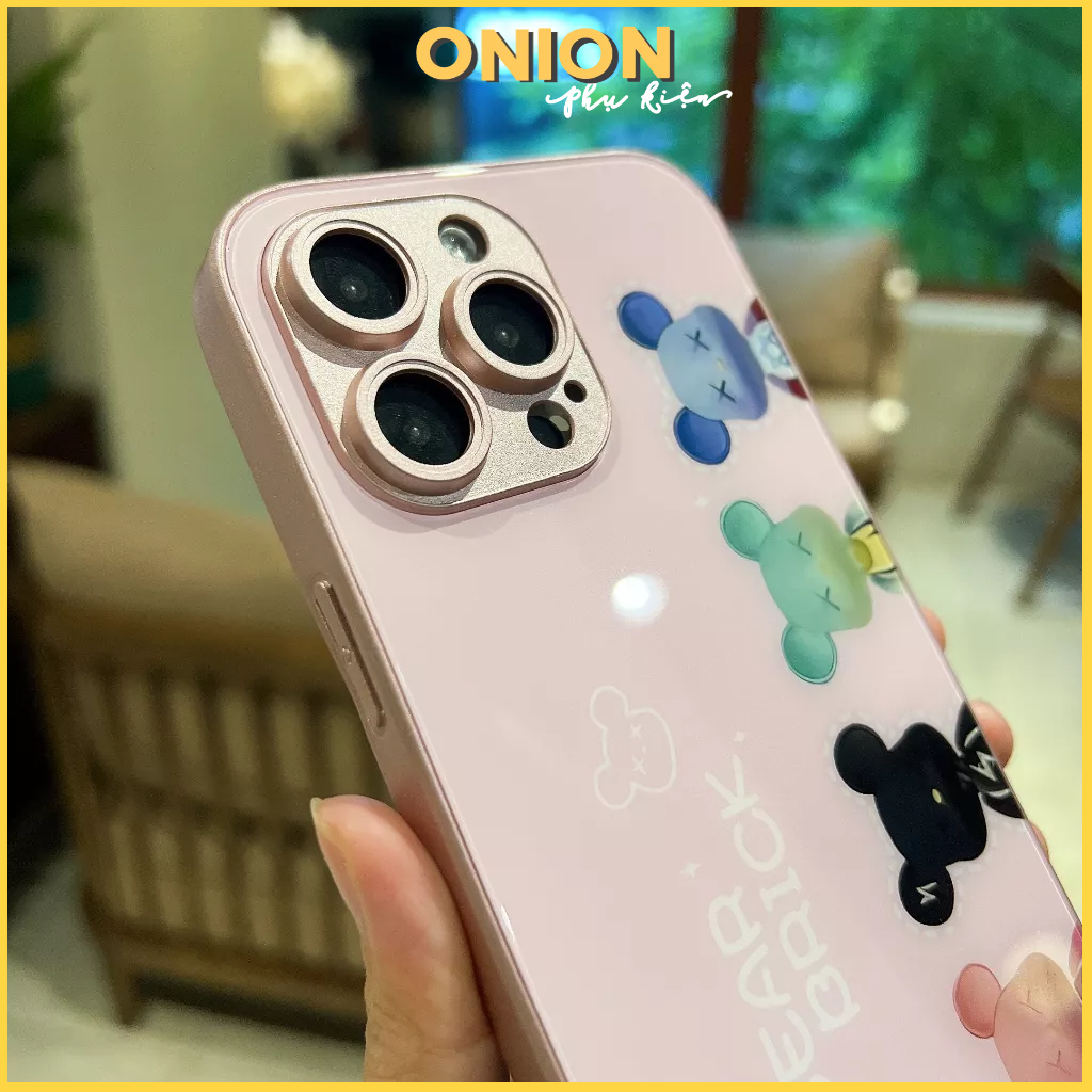 Ốp Bear Brick lưng kính dành cho iPhone Xsmax 11 12 13 14 Pro Promax