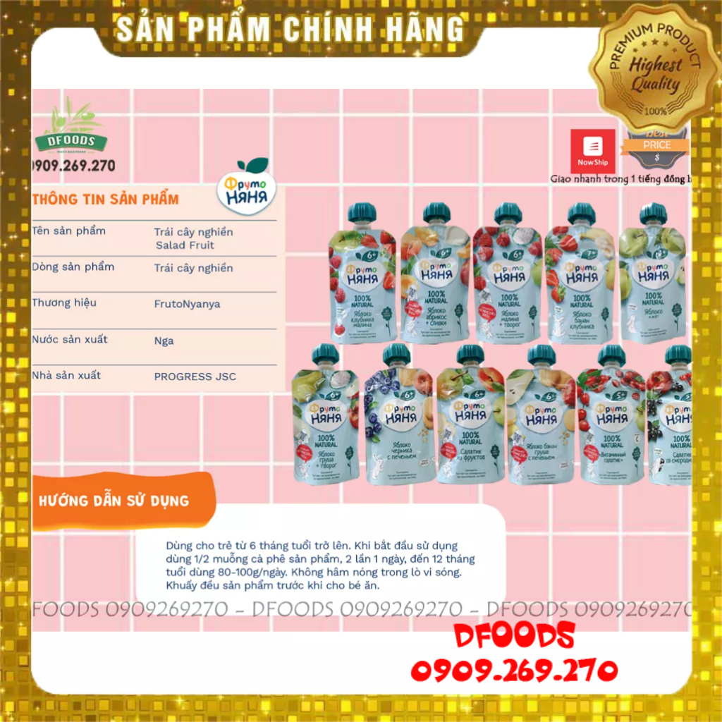 Combo Hoa quả nghiền Fruto Nga 90g, trái cây nghiền cho bé ăn dặm từ 4 tháng