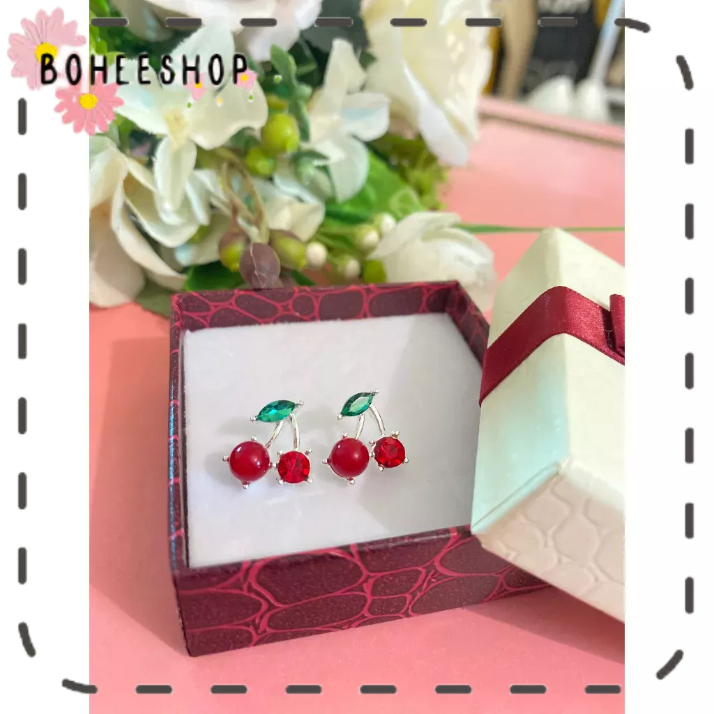 🌸🌺🌼Khuyên tai kim loại họa tiết cherry, dâu đính đá
