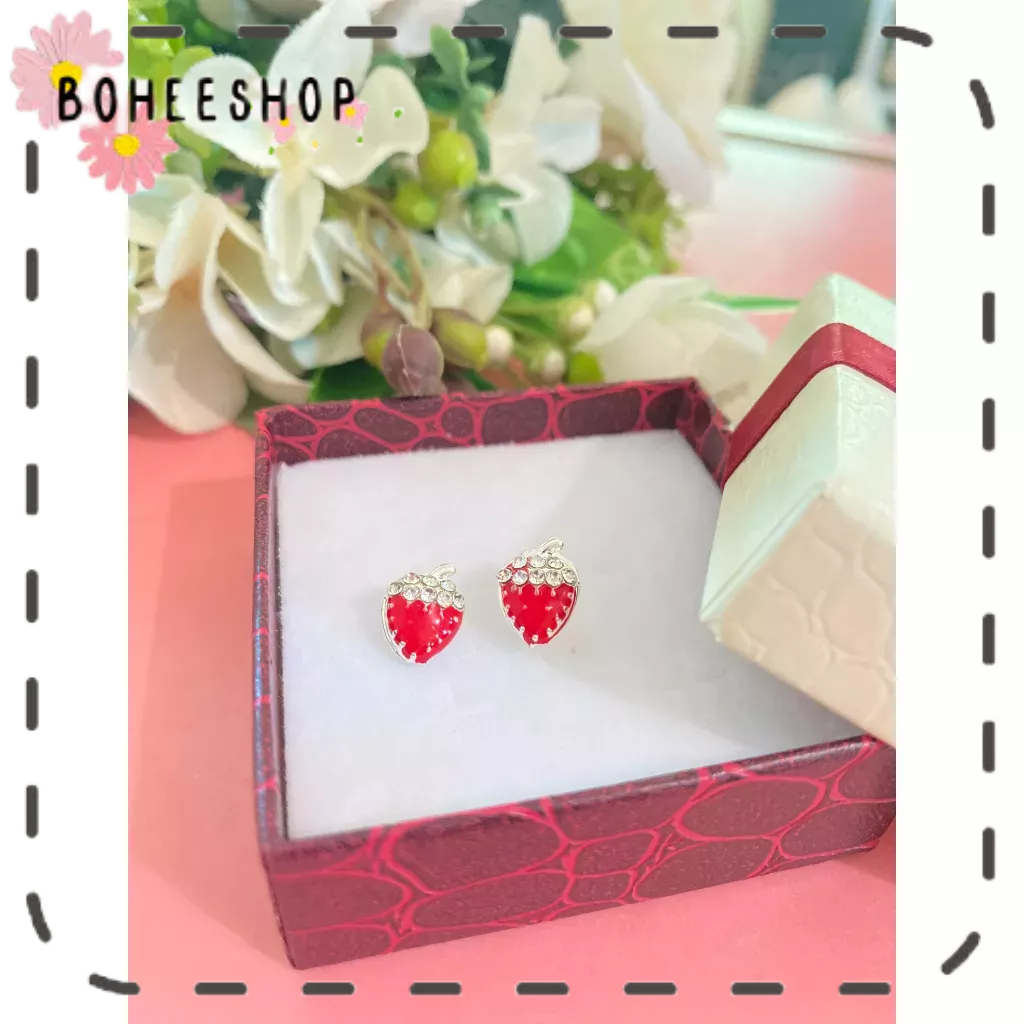 🌸🌺🌼Khuyên tai kim loại họa tiết cherry, dâu đính đá