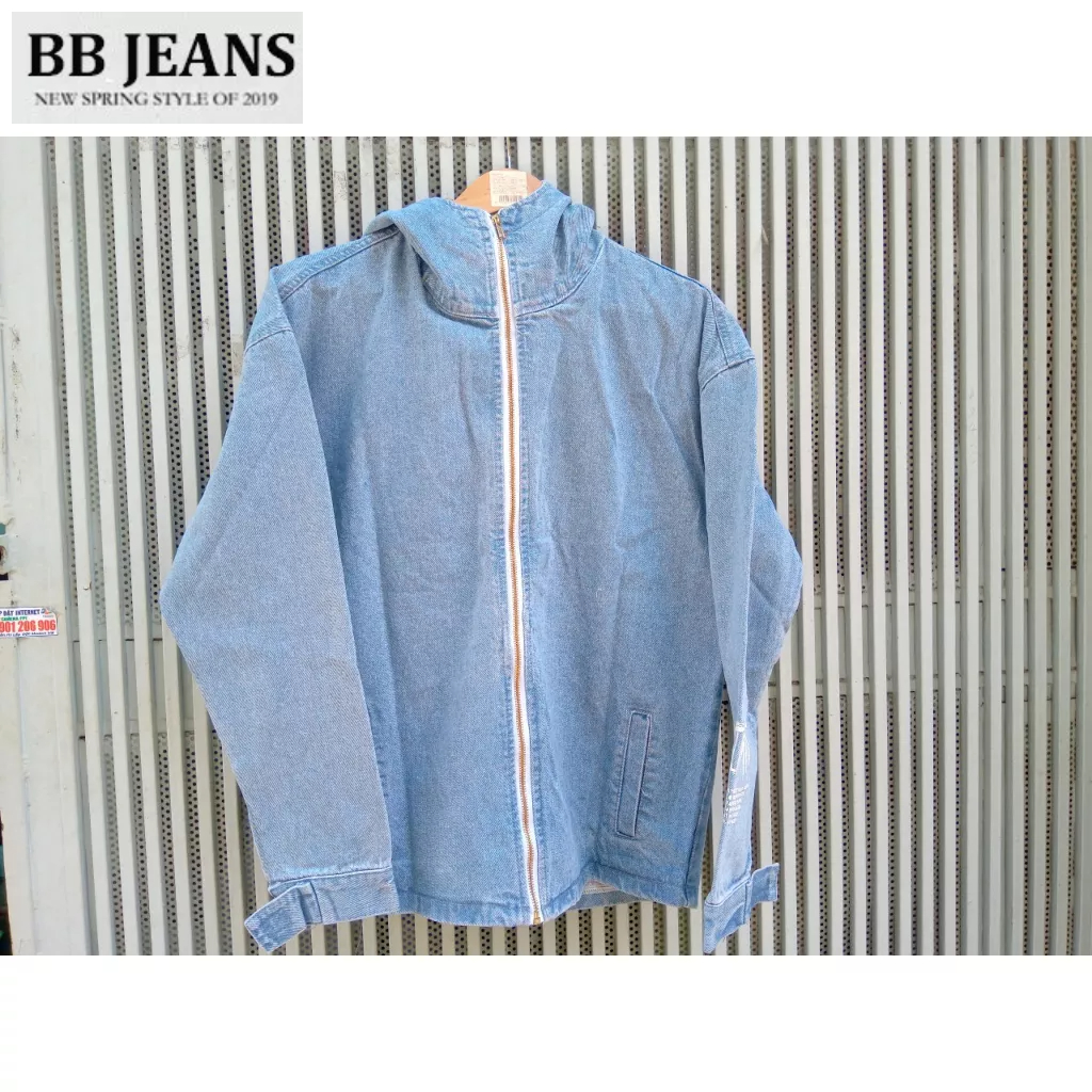 Áo khoác jean nữ nam unisex có mũ chống nắng nỉ xám - mũ jean lớn Limit form rộng size 40-75kg BB Jeans