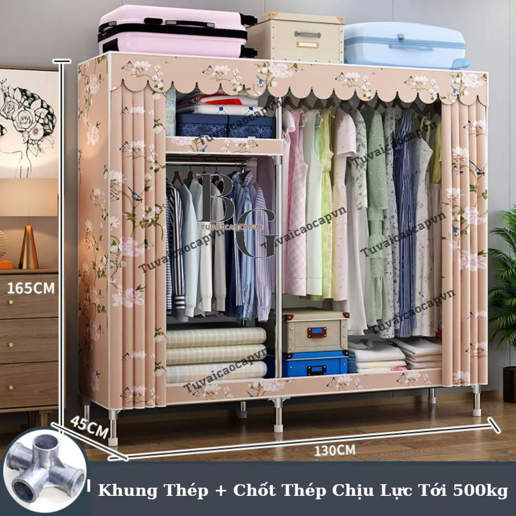 Tủ quần áo tủ vải đựng quần áo tủ vải tuvaicaocapvn Khung thép Chốt Thép tital không gỉ kích thước 2 buồng 1m3