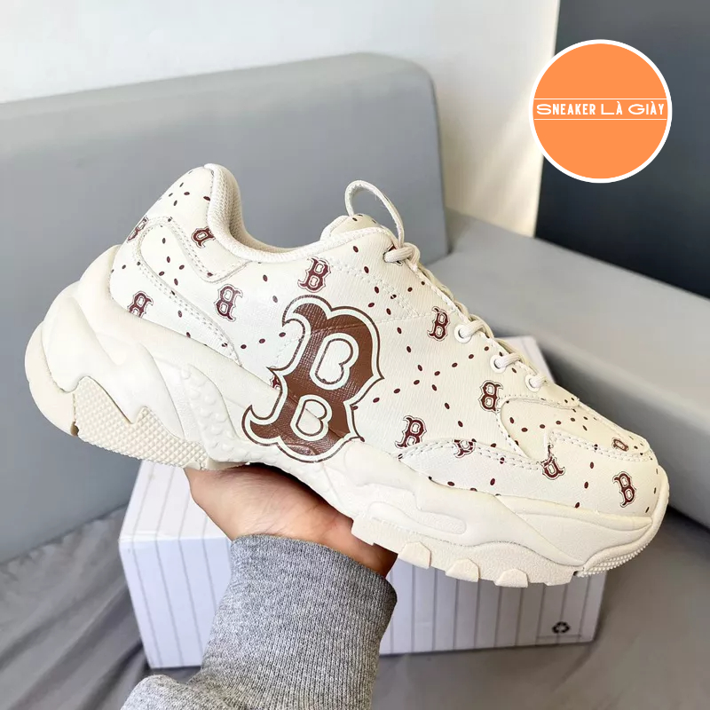 Giày MLB BigBall Chunky Saffiano Diamond Monogram Boston Red Sox Beige - FULLBOX | Monogram Boston Beige