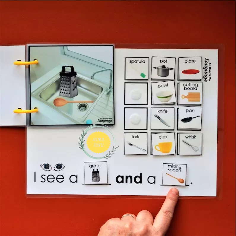 Bộ học liệu Montessori bóc dán "I See Dishes in the Sink" học danh từ và liên từ "and"