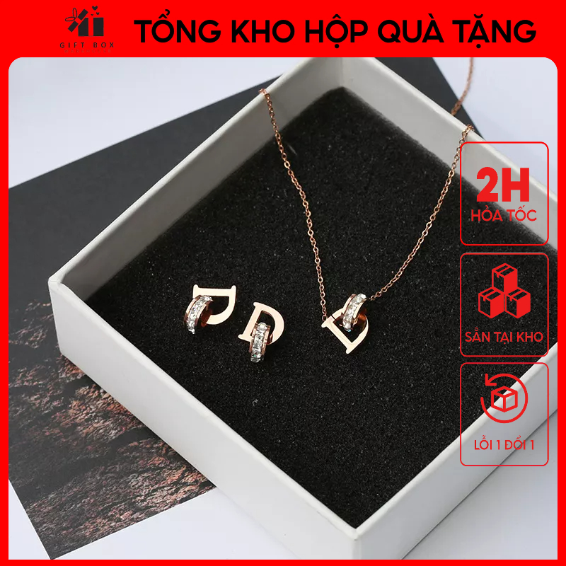 Bộ combo trang sức dây chuyền, khuyên tai Dior đính đá lấp lánh No box - Giao hàng nhanh
