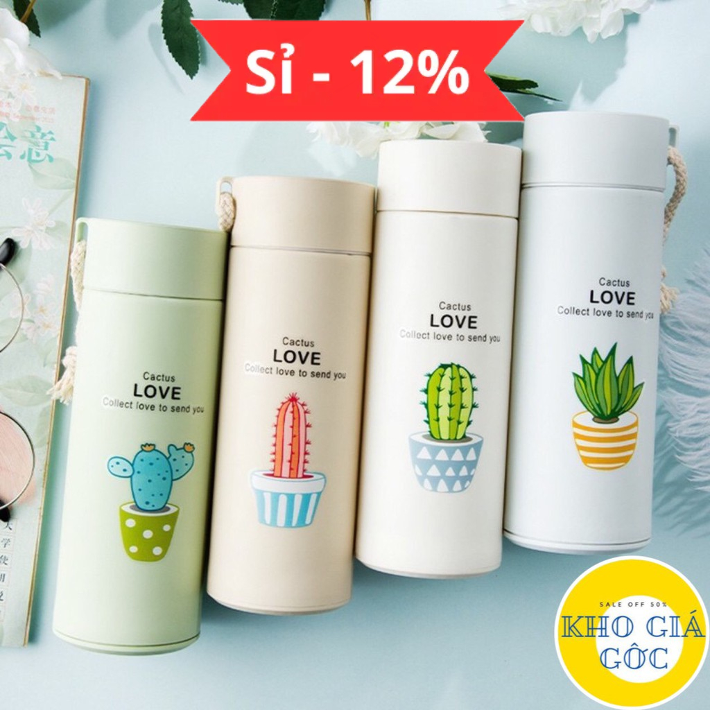 Bình Giữ Nhiệt Thủy Tinh Bọc Nhựa Lúa Mạch 450ml Họa Tiết Xương Rồng, Chống Va Đập, Có Dây Xách Tiện Dụng