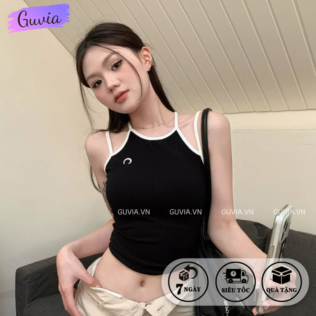 Áo Croptop SÁT NÁCH THÊU MẶT TRĂNG Ôm Body, Áo Thun Hai Dây Thời Trang Mùa Hè Chất Thun Gân GUVIA | BigBuy360 - bigbuy360.vn