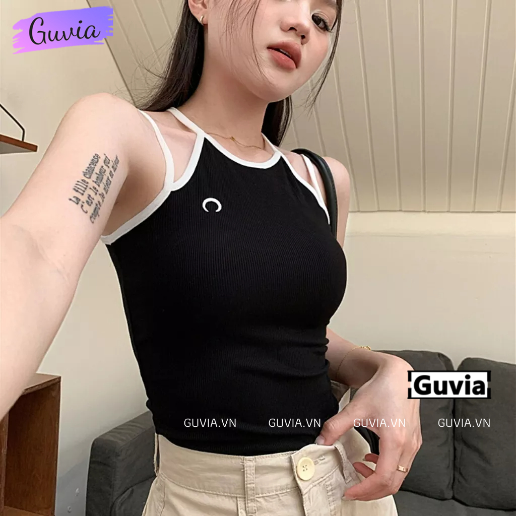 Áo Croptop SÁT NÁCH THÊU MẶT TRĂNG Ôm Body, Áo Thun Hai Dây Thời Trang Mùa Hè Chất Thun Gân GUVIA | BigBuy360 - bigbuy360.vn