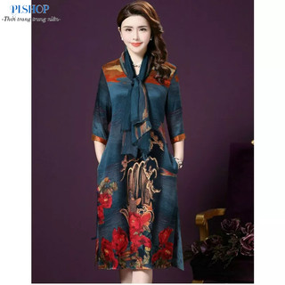 Đầm dự tiệc cho mẹ trung niên phối họa tiết hoa dáng suông sang trọng size s -> 4xl