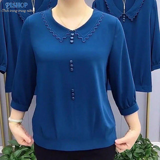 Áo kiểu trung niên, mẫu áo trung niên cổ gợn sóng cách điệu lụa mango đẹp sang trọng tặng mẹ