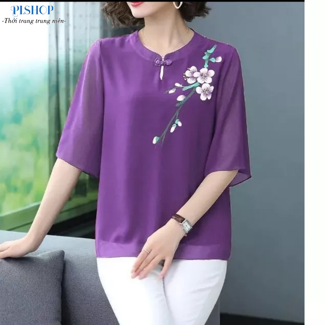 Áo Cho Mẹ Trung Niên Kiểu Thêu Hoa Cổ Tàu Sang Trọng, Lịch Sự Tặng Mẹ. Áo Cho Mẹ Đi Chơi, Đi Tiệc