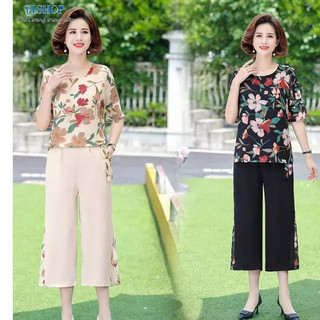 Set đồ bộ trung niên nữ in hoa trẻ trung, thanh lịch. Set đồ bộ nữ mặc nhà form lửng cho mẹ, bà trung niên