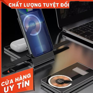 Sạc không dây 4in1 đế nam chấm gấp gọn hút từ tính, Sạc nhanh đa năng 15W