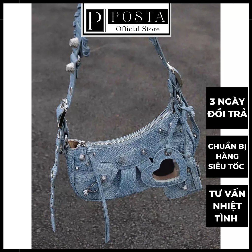 Túi Đeo Chéo Denim Form Bán Nguyệt Kèm Túi Nhỏ Điểm Dây Cực Xinh POSTA PT05 Túi Xách Nữ Phong Cách Hàn Quốc Đi Chơi