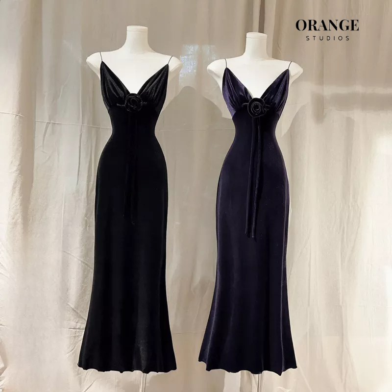 ( ORANGE STUDIOS ) HÌNH THẬT - Sẵn Hỏa Tốc - Austin Velvet Dress - Đầm Thiết Kế Dáng Dài Chất Liệu Nhung Co Giãn