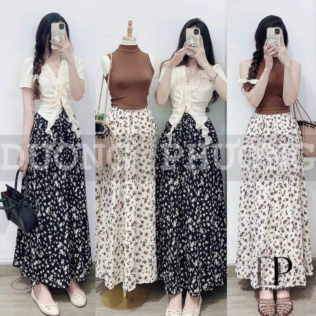 Chân váy nữ form dài họa tiết hoa nhí, chân váy chữ a midi phong cách vintage duongphuongjean - CV006