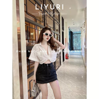 Áo sơ mi nữ tay ngắn croptop xoắn bụng cá tính