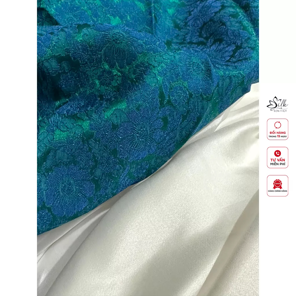 Vải lụa tơ tằm sơn thúy silk | Họa tiết hoa cúc xanh may áo dài Traditional sang trọng đẳng cấp | STS325M