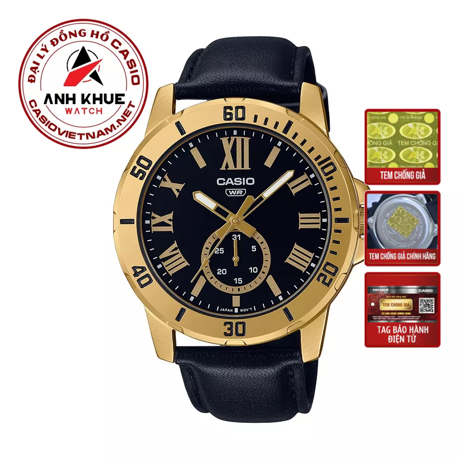 Đồng Hồ Casio MTP-VD200GL-1BUDF | Nam | Dây Da | Gờ Mạ Vàng | Chống Nước