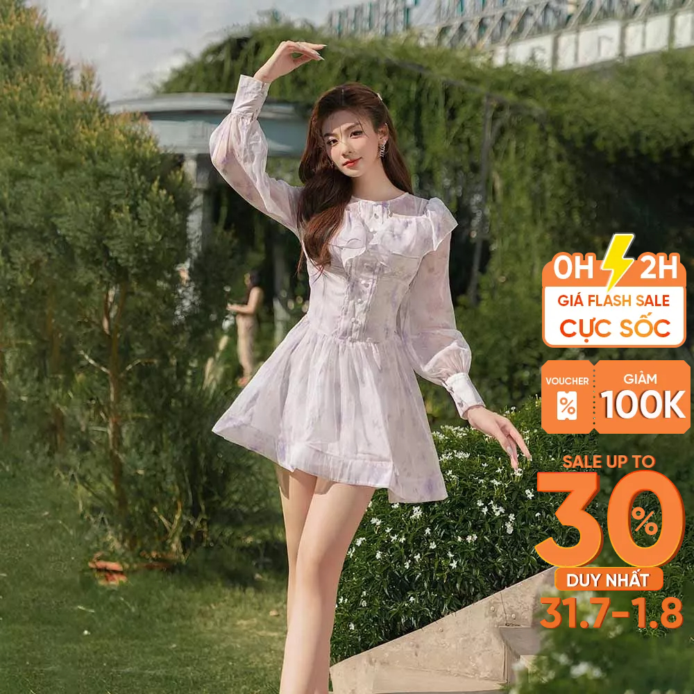 RECHIC Đầm xòe nữ Koky tay phồng cổ bèo sang trọng tiểu thư thanh lịch