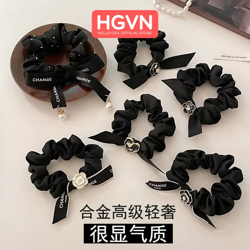 Dây Chun Thun Buộc Tóc Đeo Tay Vải Scrunchies Tone Đen Mate Sang Trọng HGVN Kết Hợp Phụ Kiện Hợp Kim Và Tua Rua Cao Cấp