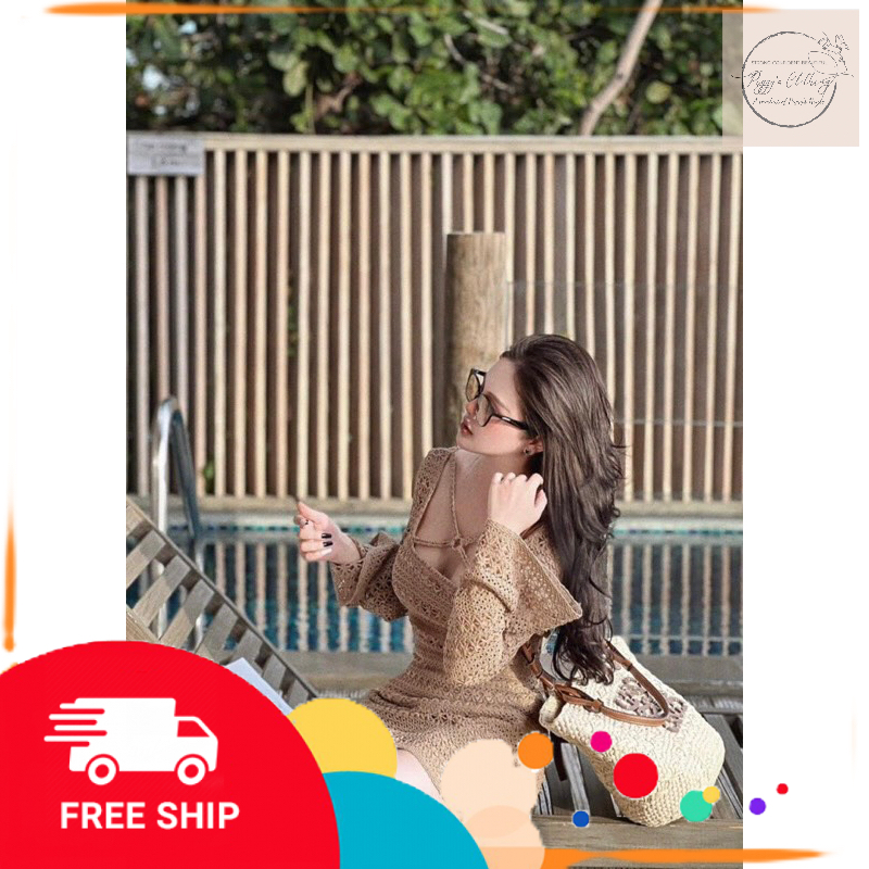 Váy đầm nữ dáng ngắn sang chảnh sexy thiết kế ren cổ đan chéo 4 dây tay dài  cao cấp