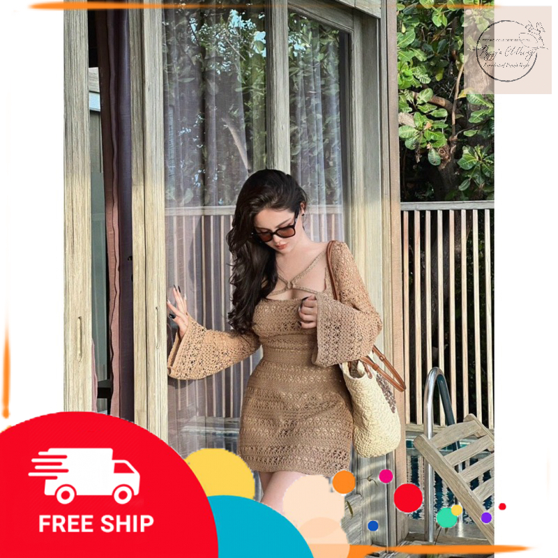 Váy đầm nữ dáng ngắn sang chảnh sexy thiết kế ren cổ đan chéo 4 dây tay dài  cao cấp