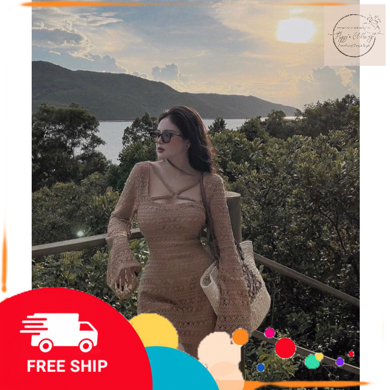 Váy đầm nữ dáng ngắn sang chảnh sexy thiết kế ren cổ đan chéo 4 dây tay dài  cao cấp