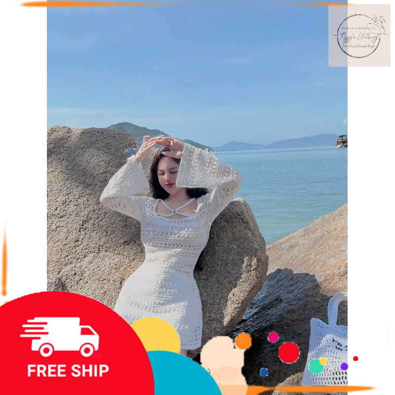 Váy đầm nữ dáng ngắn sang chảnh sexy thiết kế ren cổ đan chéo 4 dây tay dài  cao cấp