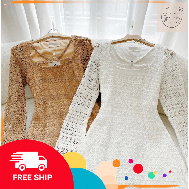 Váy đầm nữ dáng ngắn sang chảnh sexy thiết kế ren cổ đan chéo 4 dây tay dài  cao cấp